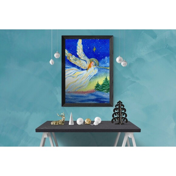 Original Oil Painting Angel Trumpet Christmas Winter Night Sky 8x10 Canvas Art - Picture 9 of 11